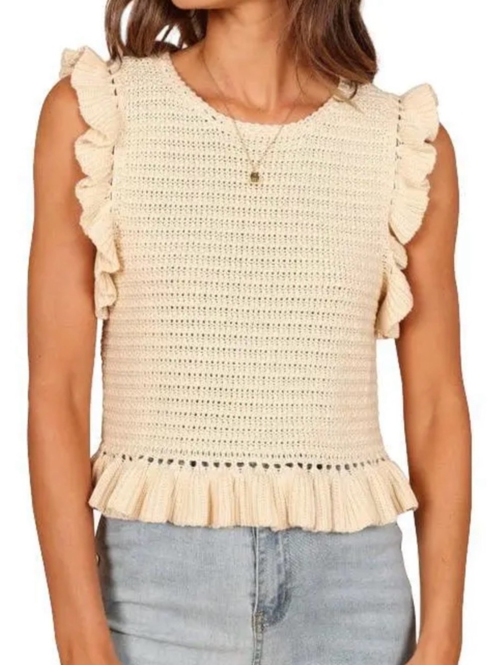 Mable Sleeveless Cream Crochet Ruffle Tank Top Knit Shell Size S pre-owned